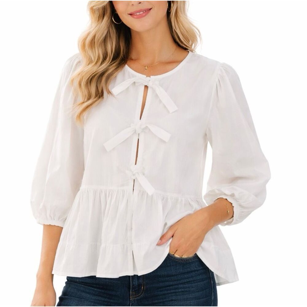 Amazon white tie front puff sleeve blouse size M